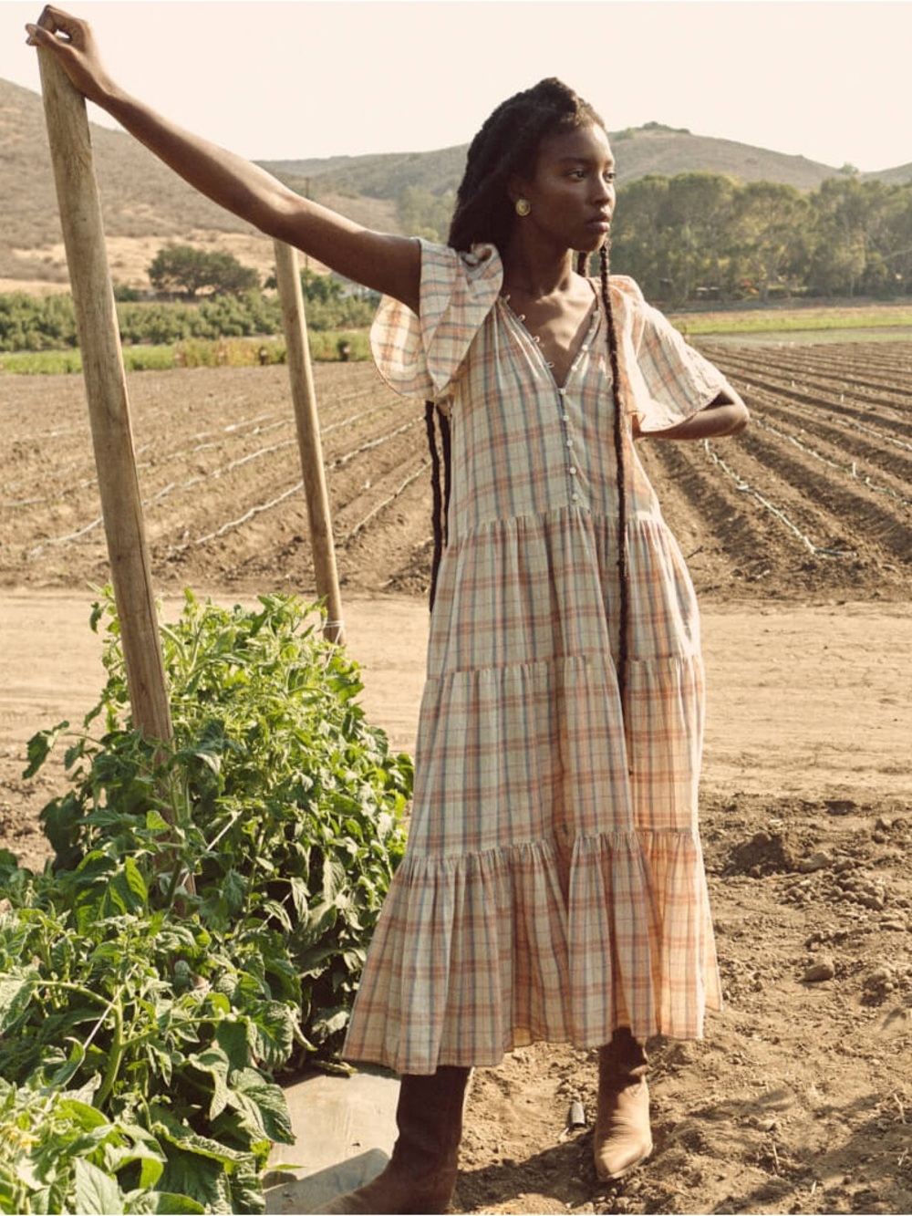THE GREAT. The Iris Dress in Washed Rose Plaid